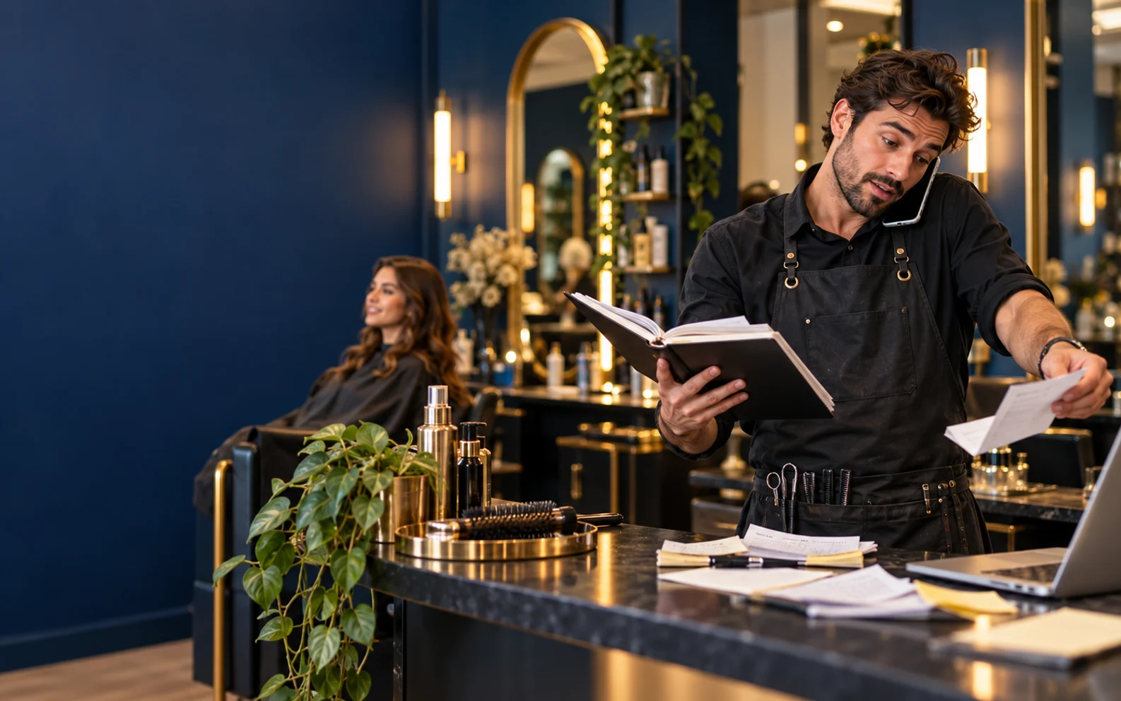 Salon professional handling calls and appointment paperwork